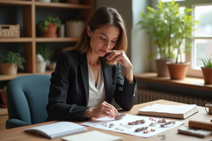 Femme en bureau créatif compare bijoux faits main