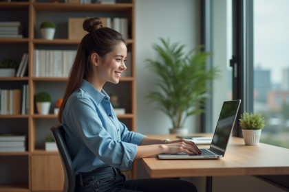 Jeune femme concentrée sur son ordinateur dans un bureau moderne