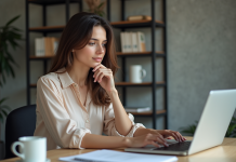 Jeune femme concentrée travaillant sur son ordinateur dans un bureau