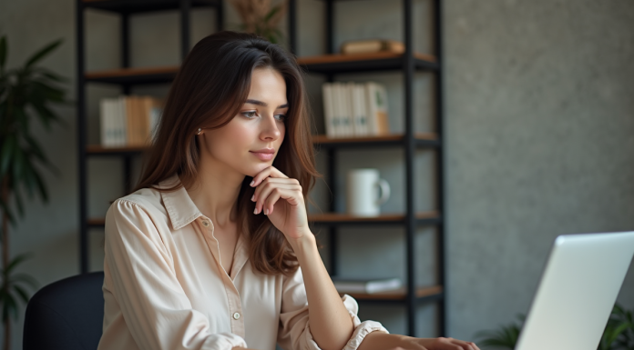 Jeune femme concentrée travaillant sur son ordinateur dans un bureau