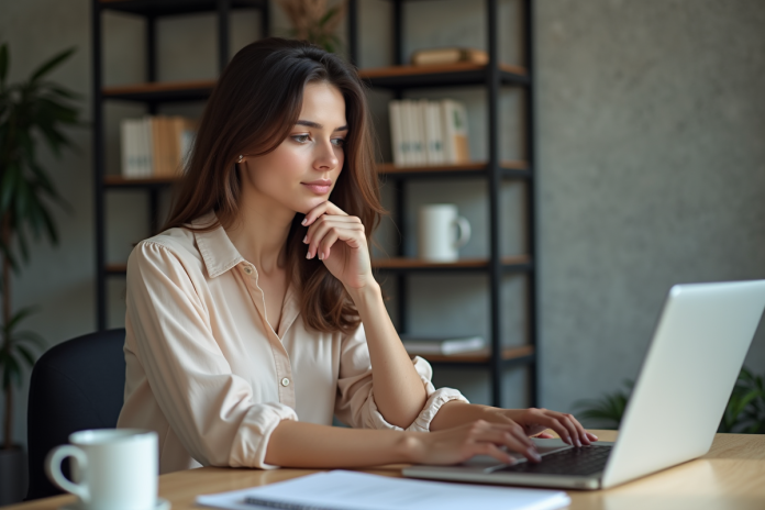 Jeune femme concentrée travaillant sur son ordinateur dans un bureau