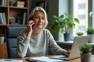 Femme d'âge moyen au bureau à domicile parlant au téléphone