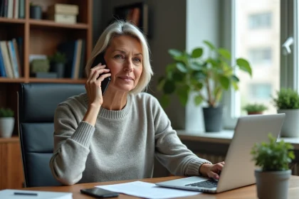 Femme d'âge moyen au bureau à domicile parlant au téléphone