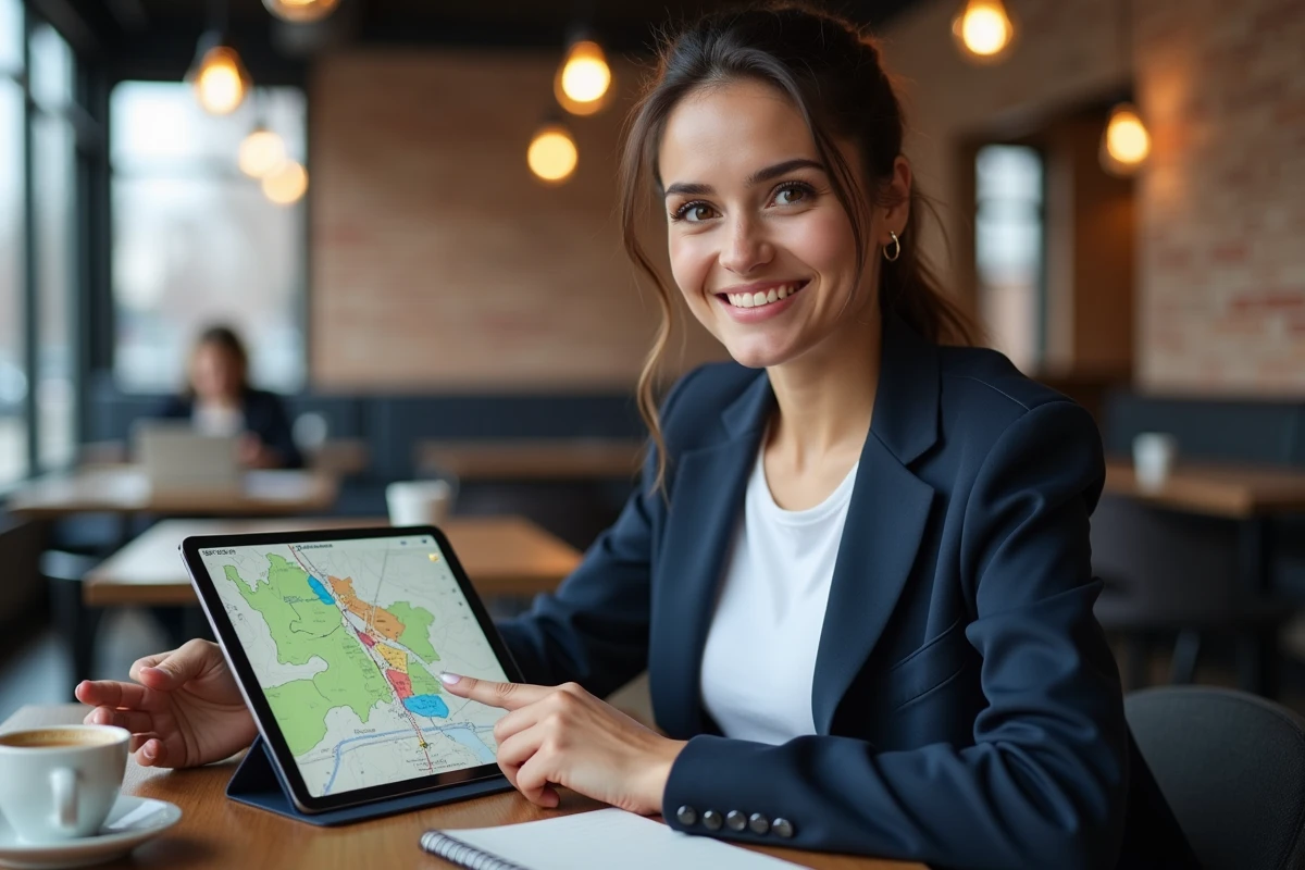 Femme consultant une carte parcellaire cadastrale sur tablette dans un espace de coworking moderne