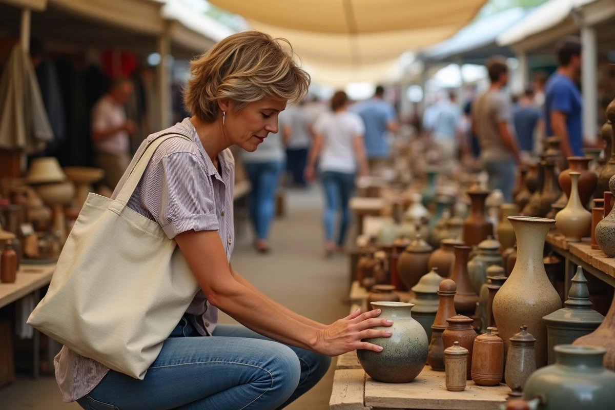 Femme chinant à la braderie du week-end en examinant une vase en céramique vintage sur un stand de marché aux puces