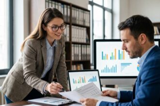 Femme confiante discutant de gestion financière en entreprise