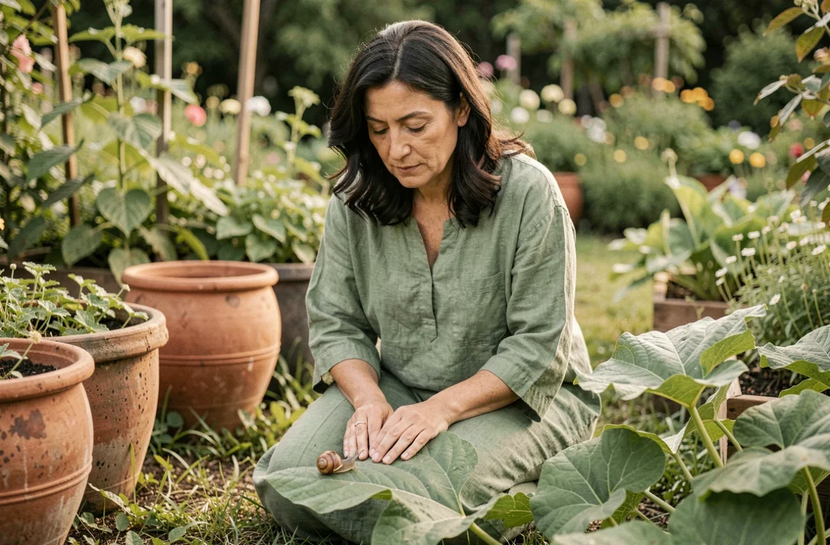 Femme contemplant un escargot dans son jardin, moment de méditation et de connexion spirituelle avec la nature