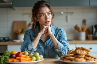 Jeune femme réfléchissant à des fruits et snacks dans la cuisine