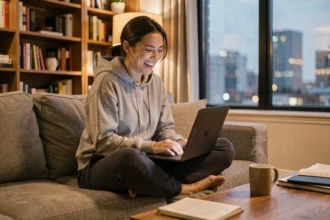 Femme détendue sur son canapé, riant devant son ordinateur portable après le travail, ambiance cosy d'appartement moderne