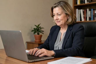 Femme d'âge mûr utilisant un service en ligne pour centraliser des démarches d'obsèques et avis de décès depuis son bureau à domicile