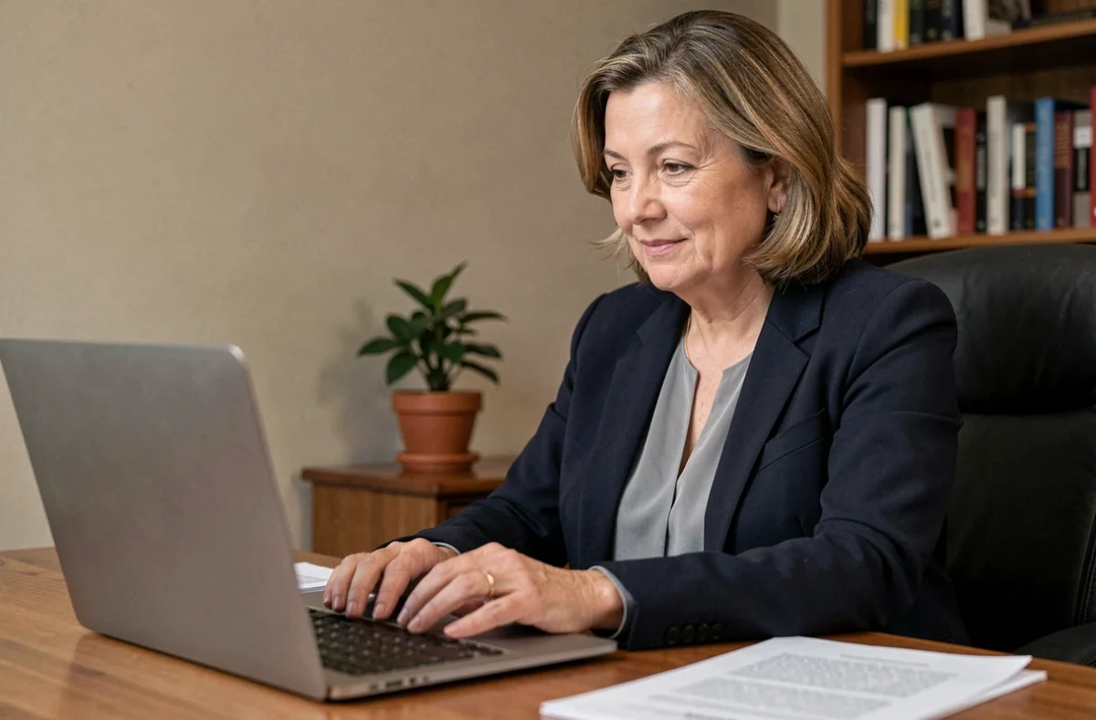 Femme d'âge mûr utilisant un service en ligne pour centraliser des démarches d'obsèques et avis de décès depuis son bureau à domicile