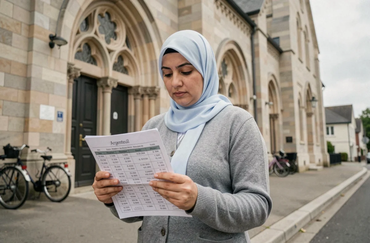 Femme consultant un horaire de prière imprimé devant une mosquée à Argenteuil