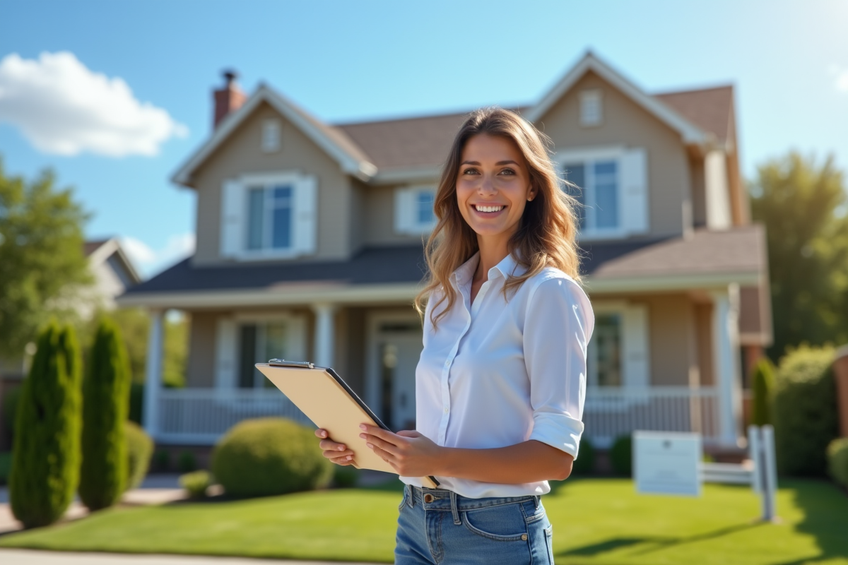 Femme souriante tenant un dossier devant une maison en vente