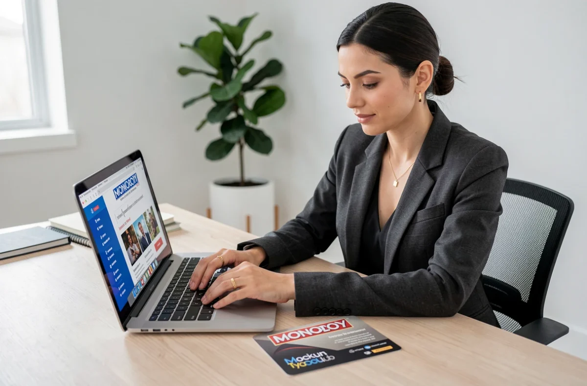 Femme concentrée consultant une interface de récompenses en ligne avec une invitation au Tycoon Club Monopoly posée sur son bureau moderne