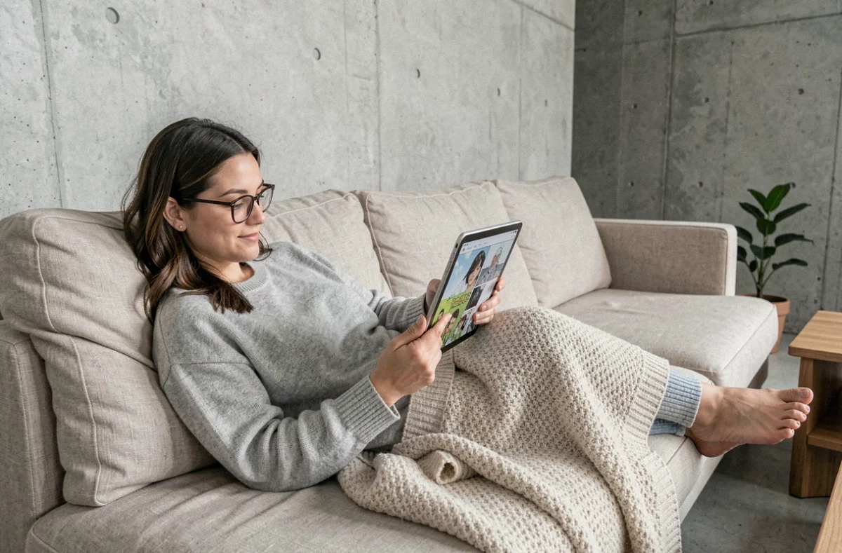 Femme lisant des scans manga sur tablette installée confortablement dans son salon moderne