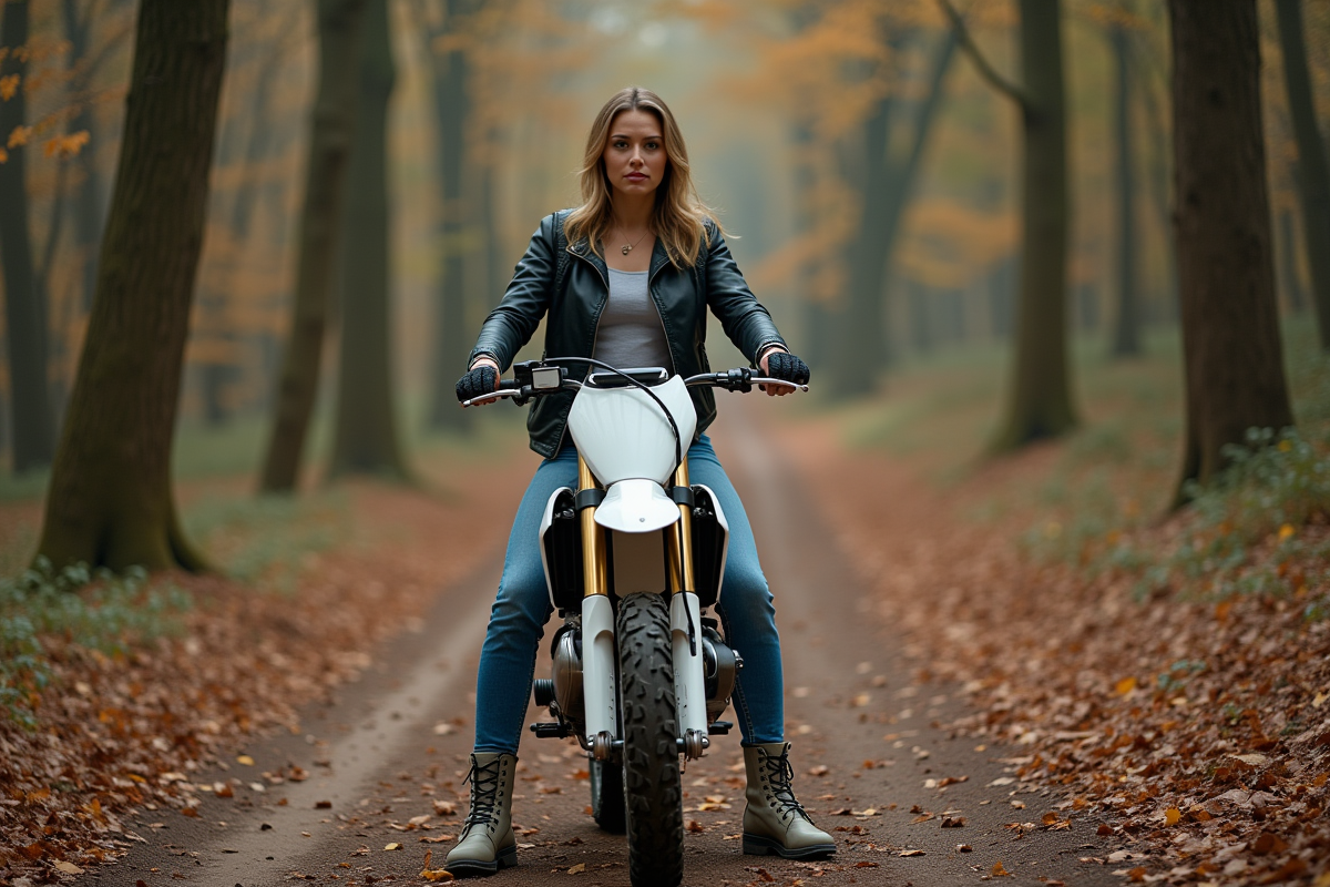 Femme en jeans et veste sur un motocross dans la forêt