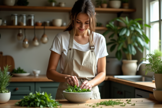 Femme en tablier en train de moudre des herbes fraîches dans une cuisine rustique