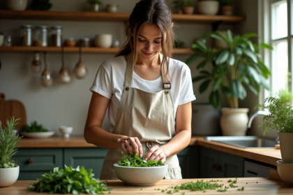 Femme en tablier en train de moudre des herbes fraîches dans une cuisine rustique