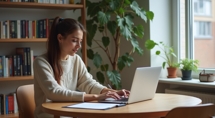 Femme en jeans et pull examine ses dépenses mensuelles