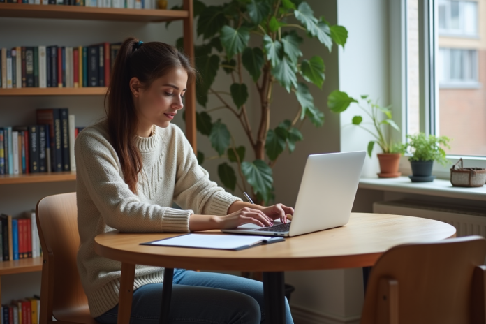 Femme en jeans et pull examine ses dépenses mensuelles