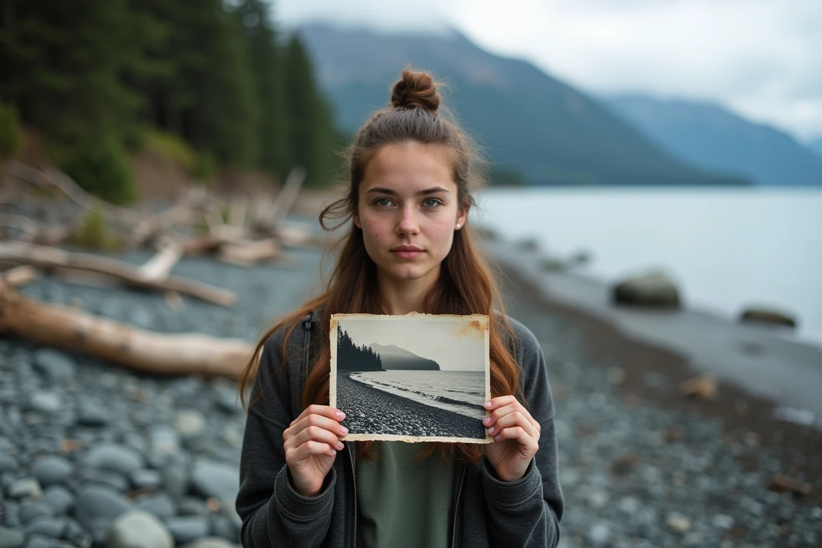 Jeune femme tenant une photo du tsunami de Lituya Bay