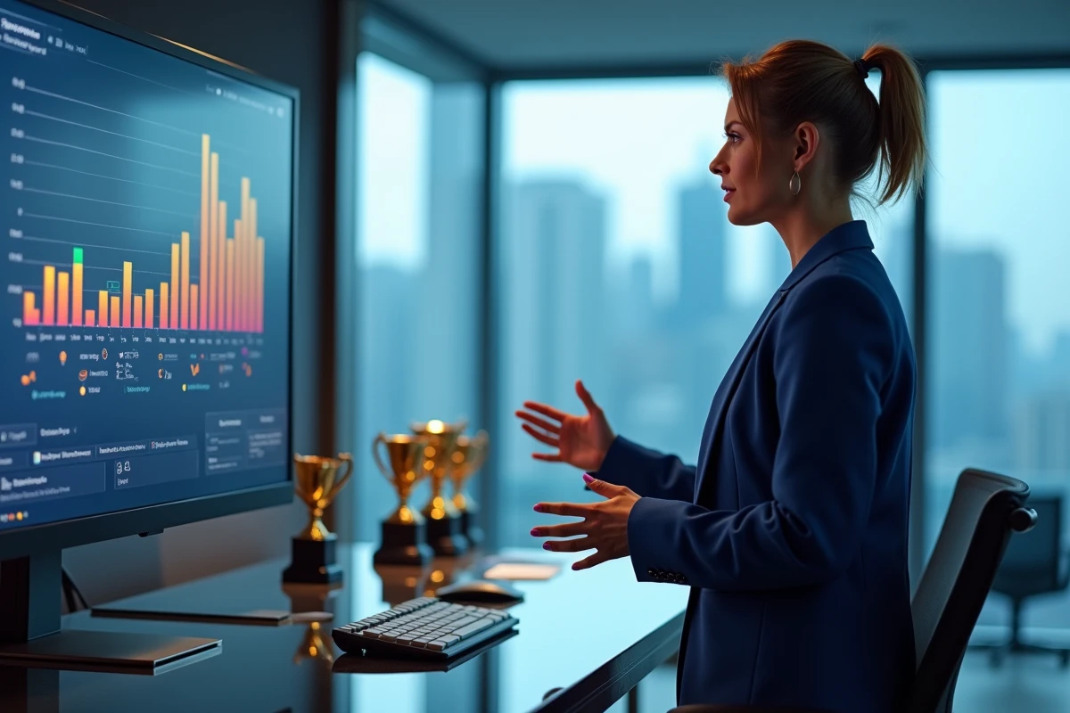 Femme en blazer présentant un graphique dans un bureau moderne