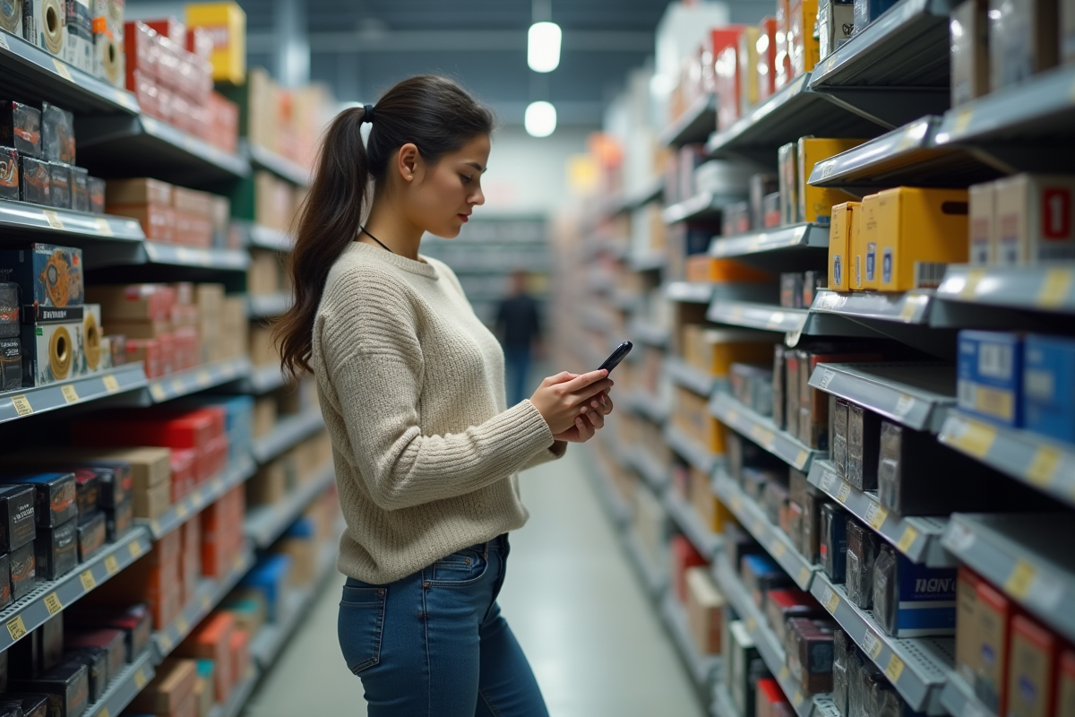 Jeune femme cherche des courroies auto dans un rayon de magasin moderne