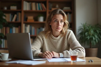 Femme cherchant un voyant de qualité sur internet avec un regard prudent et concentré