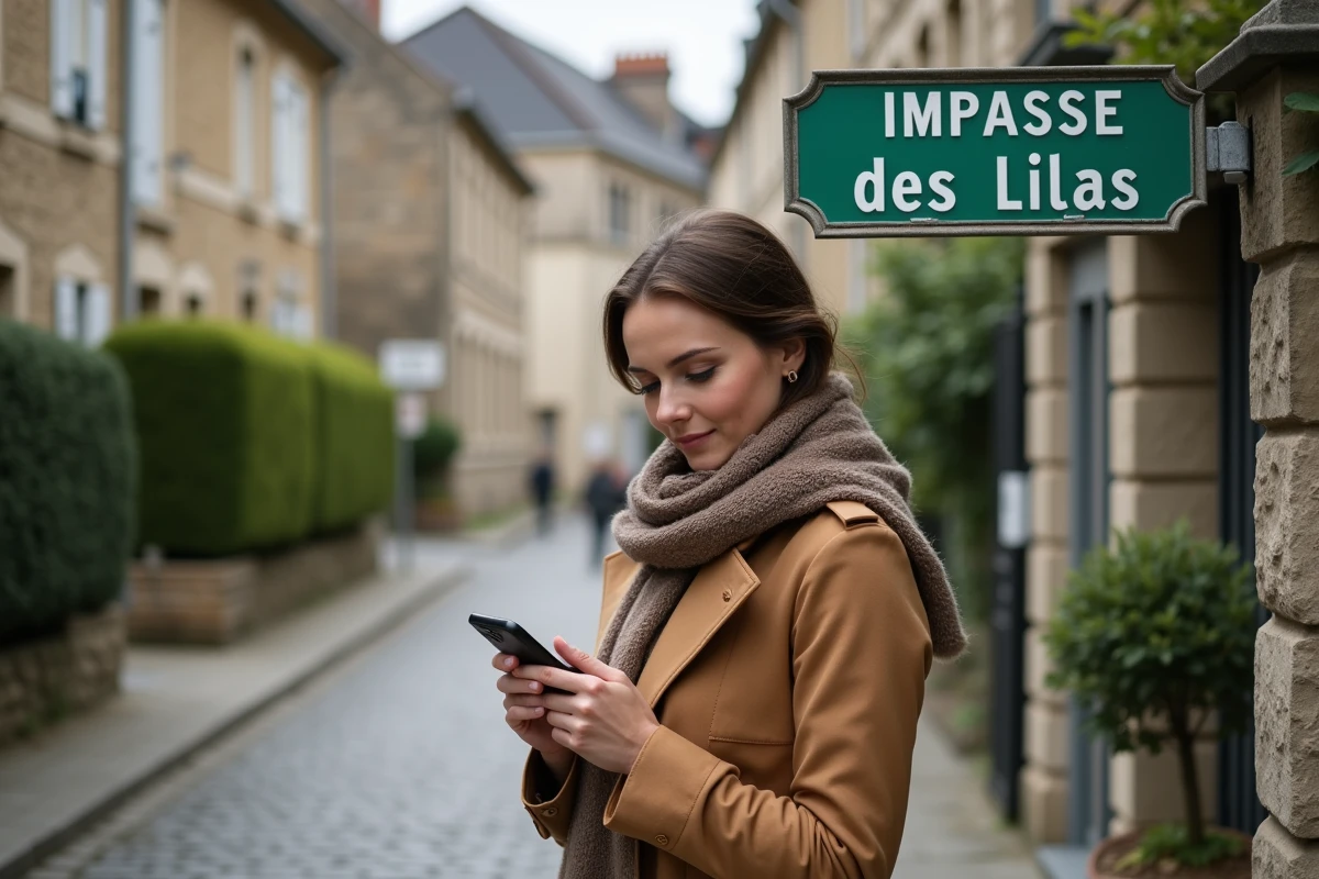 Femme en trench et foulard regardant son smartphone devant rue calme