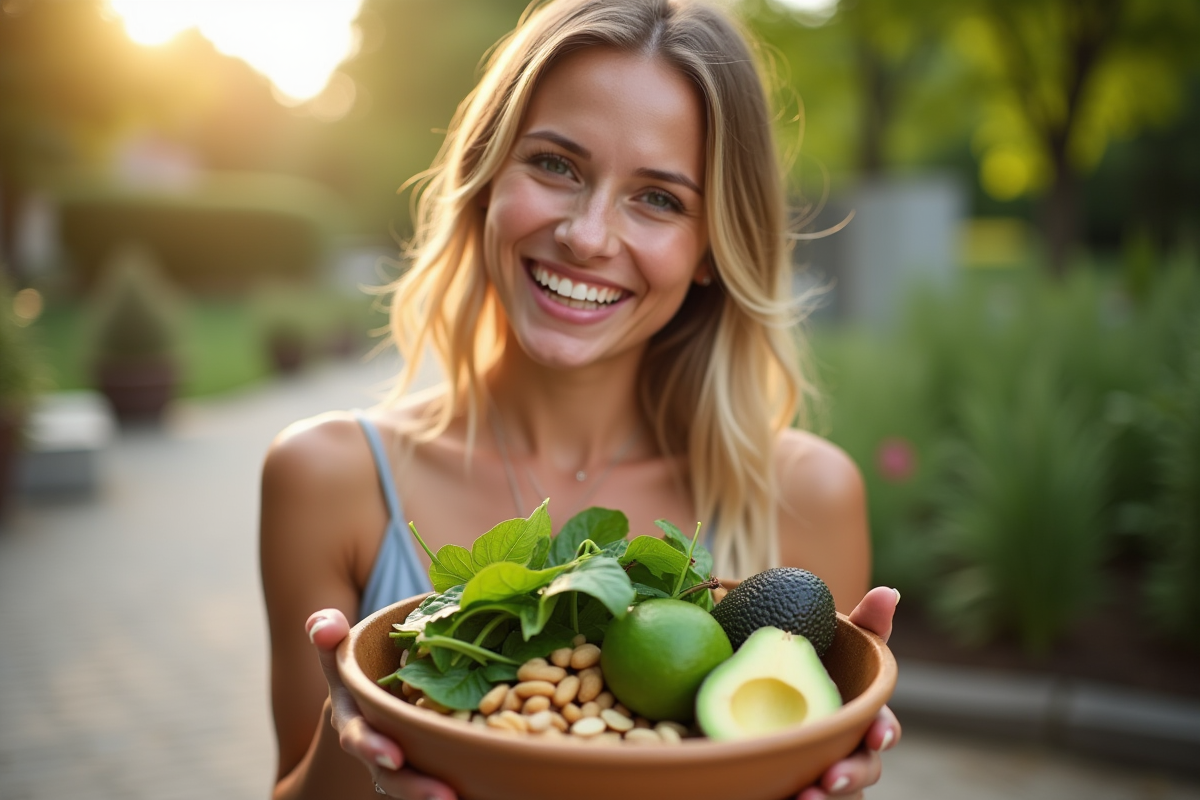 Jeune femme souriante tenant un bol d aliments riches en vitamines