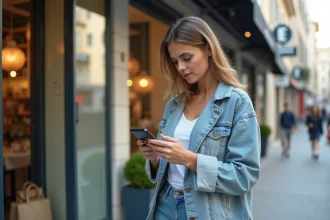 Femme vérifiant sa liste de courses devant un magasin à Montpellier