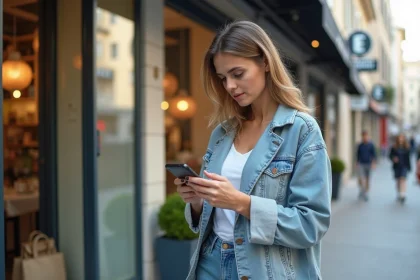 Femme vérifiant sa liste de courses devant un magasin à Montpellier