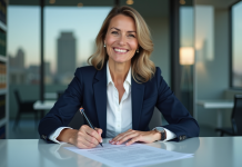 Gérer ses actifs : Créer une société de gestion sans faute Femme confiante signant des documents dans un bureau moderne