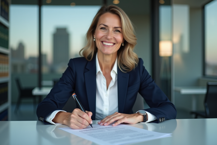 femme-signant-documents Femme confiante signant des documents dans un bureau moderne