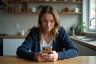 Femme en cardigan regardant son smartphone dans une cuisine moderne