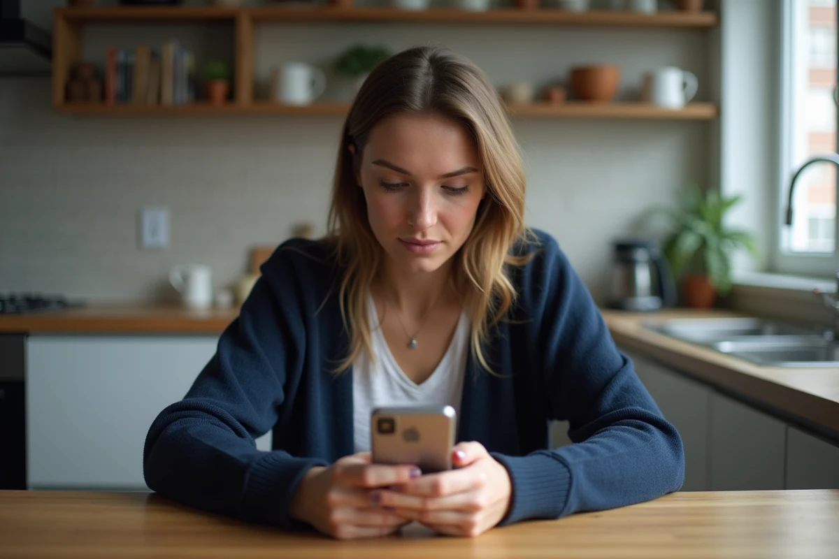Femme en cardigan regardant son smartphone dans une cuisine moderne