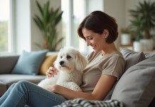 Femme souriante caressant un bichon frise dans un salon lumineux