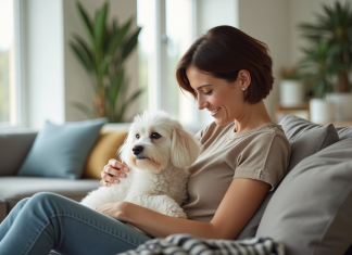 Les races de chiens recommandées pour les personnes allergiques Femme souriante caressant un bichon frise dans un salon lumineux