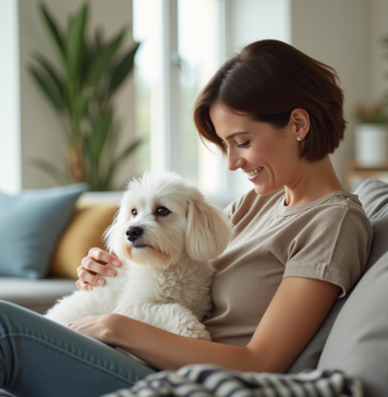 Femme souriante caressant un bichon frise dans un salon lumineux