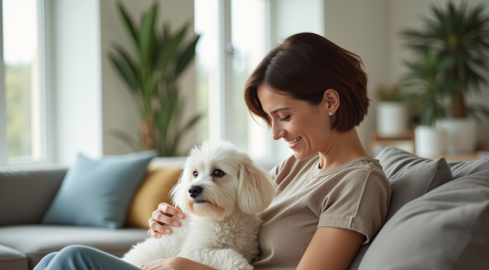Femme souriante caressant un bichon frise dans un salon lumineux