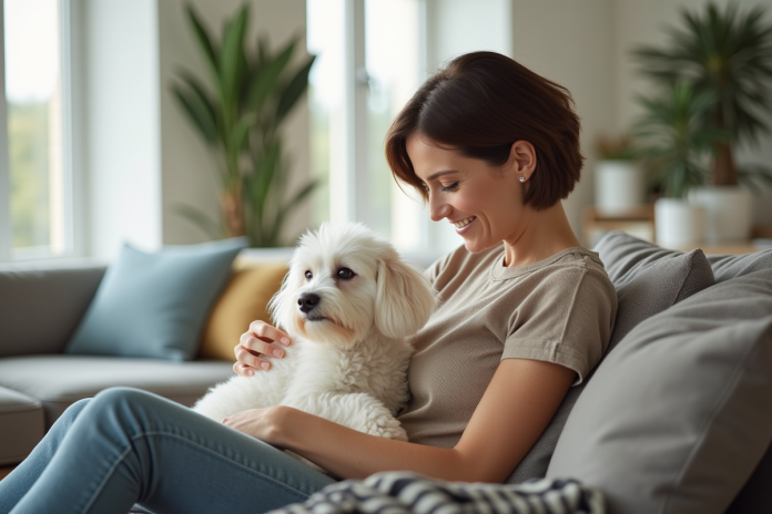 femme-souriante-petant-bichon Femme souriante caressant un bichon frise dans un salon lumineux