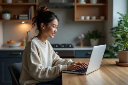 Femme regardant ses séries dans une cuisine moderne