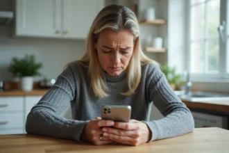Femme stressée regardant son téléphone avec des appels manqués répétés du numéro 0424