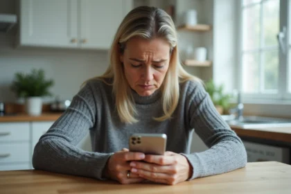 Femme stressée regardant son téléphone avec des appels manqués répétés du numéro 0424