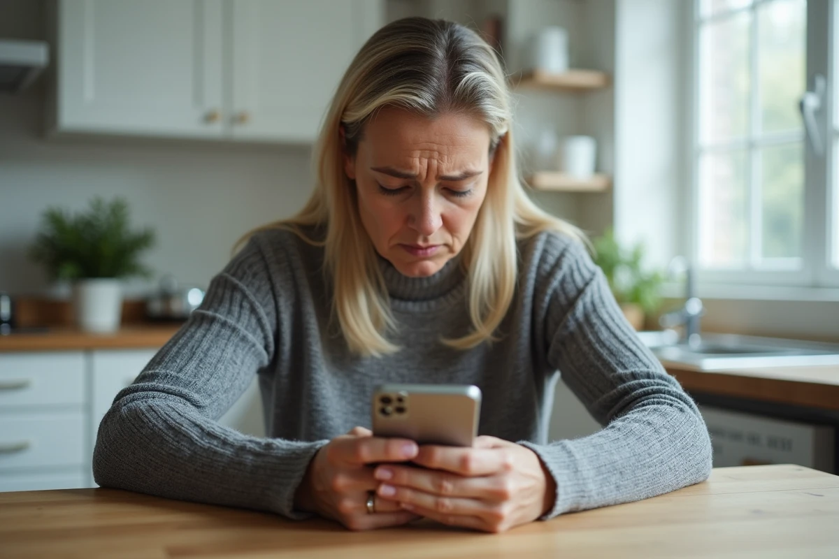 Femme stressée regardant son téléphone avec des appels manqués répétés du numéro 0424