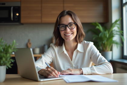 Femme souriante travaillant sur son ordinateur à la maison