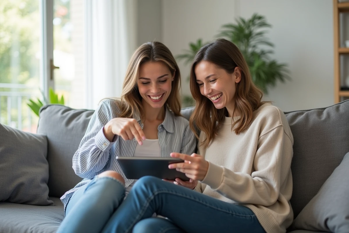 Deux femmes jouant ensemble à un jeu en ligne sur tablette dans un salon scandinave sans interruption publicitaire
