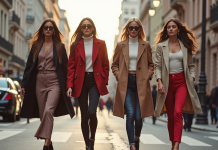 Quatre femmes mode marchant dans une ville cosmopolite