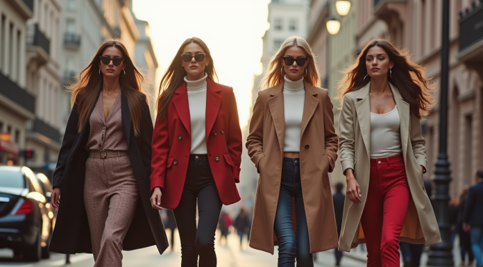 Quatre femmes mode marchant dans une ville cosmopolite