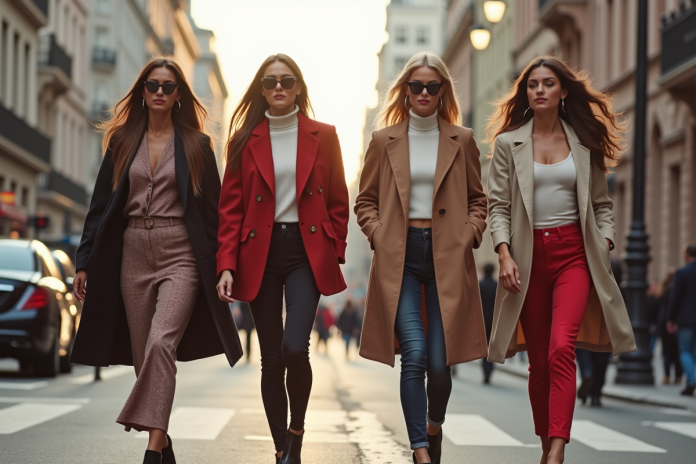 femmes-mode-villes-mondiales Quatre femmes mode marchant dans une ville cosmopolite